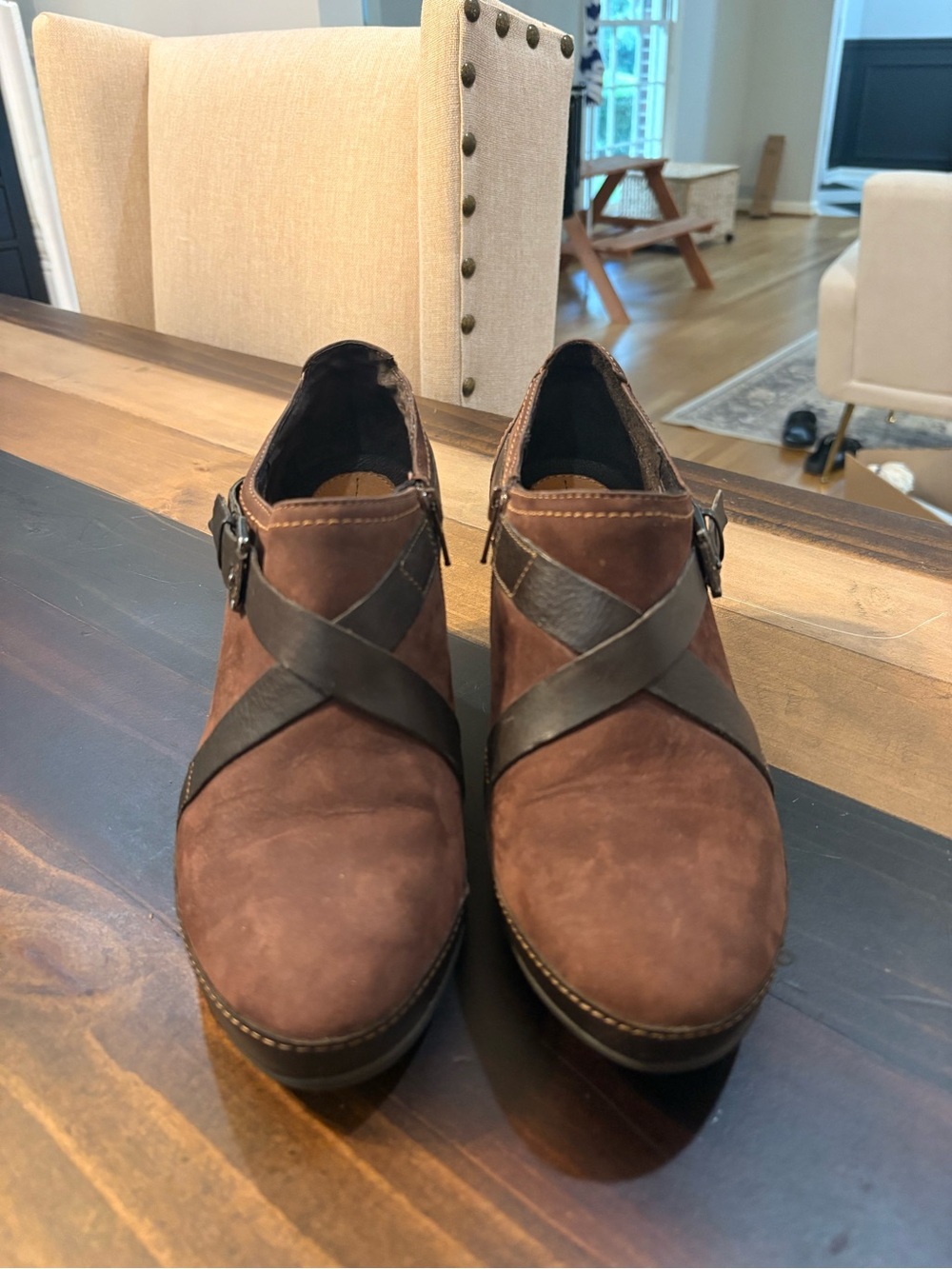 Clarks Brown Suede Ankle Booties with Dark Brown Cross Straps
